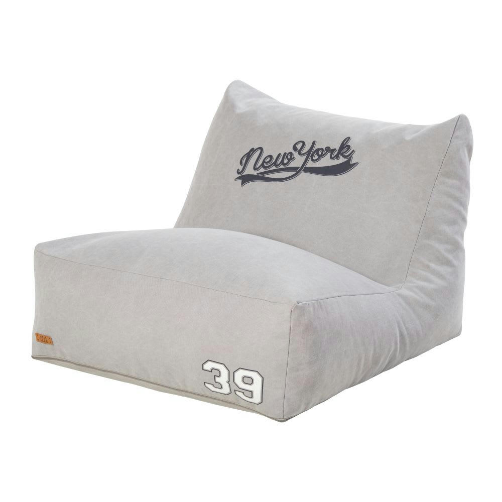 NEW YORK - Pouf en coton gris imprimé