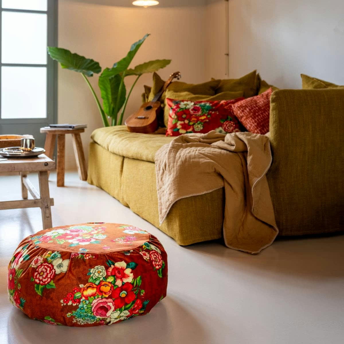 - Grand pouf rond en velours imprimé fleuri canelle h. 25cm