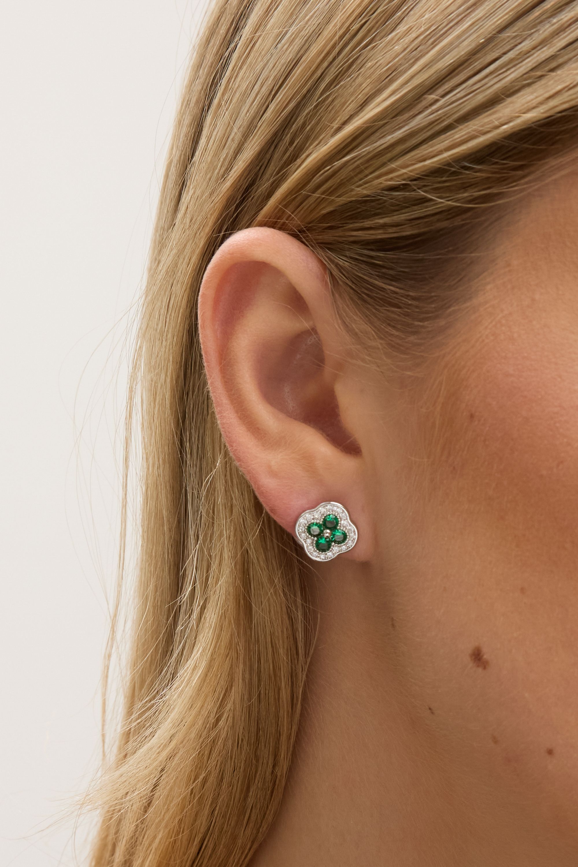 Jon Richard Rhodium Plated Crystal and Emerald Clover Studs