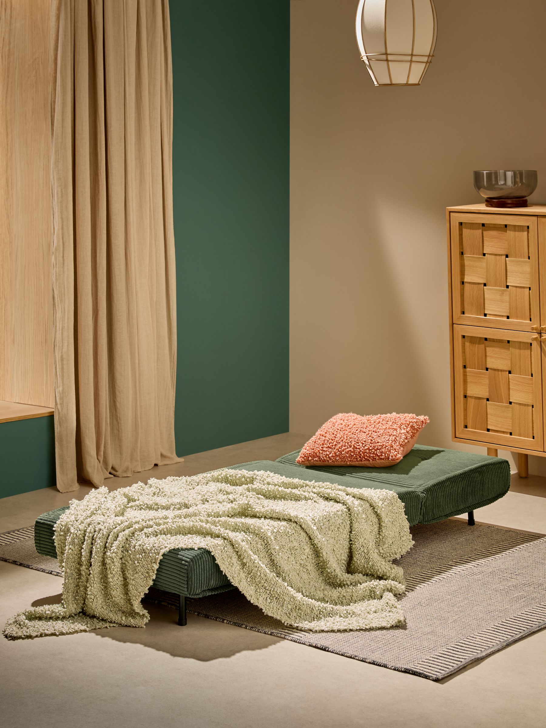Haru Single 1 Seater Sofa Bed in Olive Green Corduroy