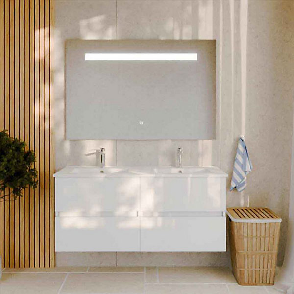 Meuble double vasque 120 cm ROSALY avec miroir Elégance ht80- Blanc- Plan vasque en Céramique