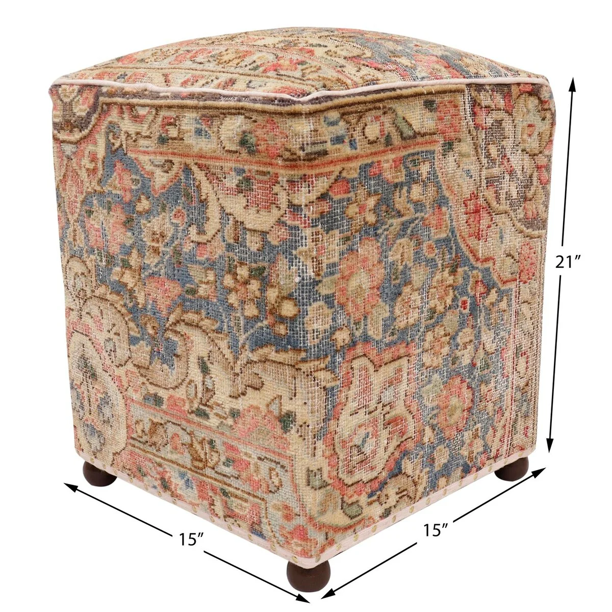 Vintage Margurit Handmade Antique Wool Rug Upholstered Ottoman