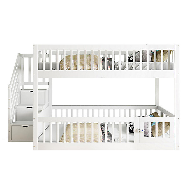 Lit superposé pour enfants et adolescents,140x200cm,bois blanc,échelle de sécurité et tiroirs