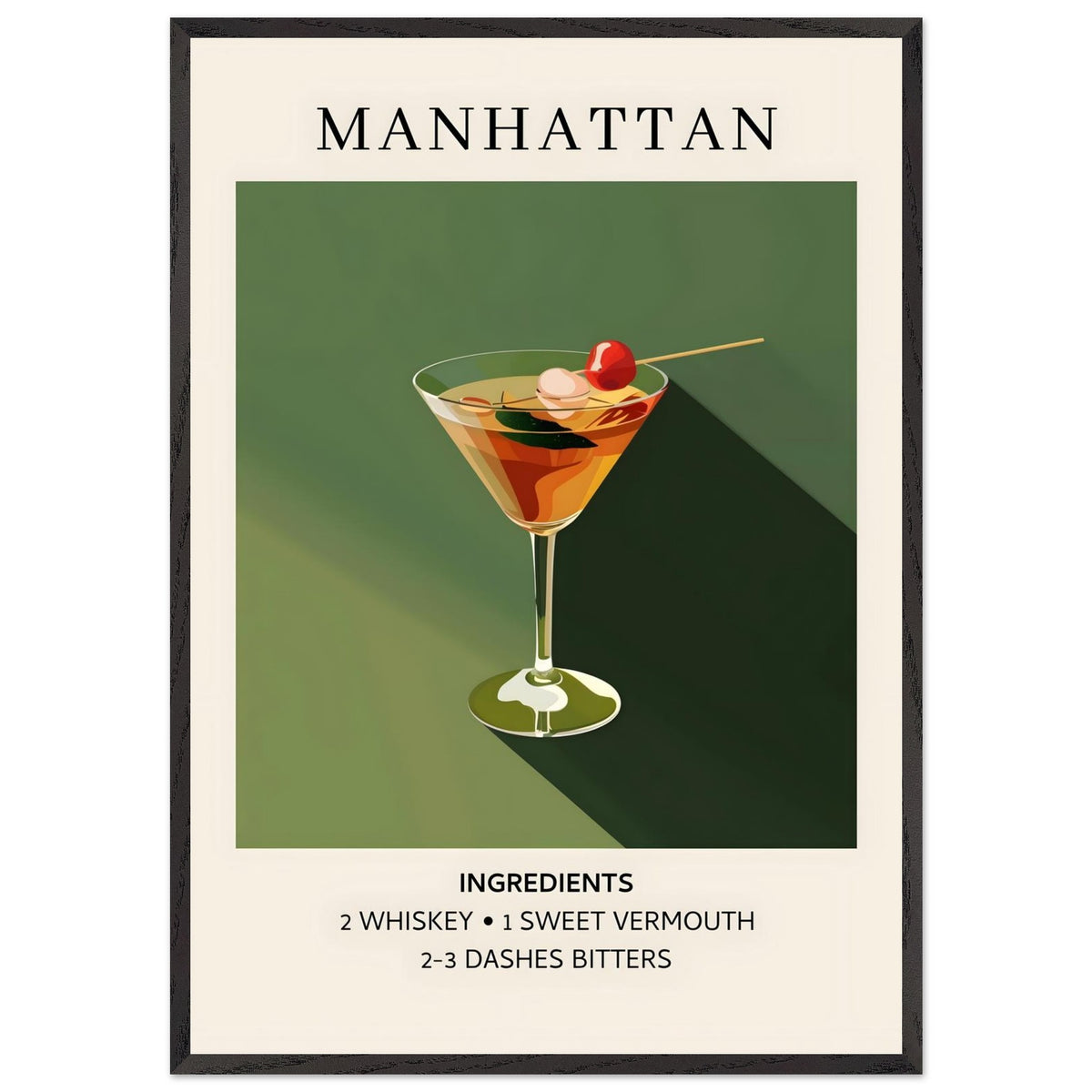 Artfulprints Poster met Lijst Manhattan cocktail - Ingrediënten  - 70x100 cm - Groen