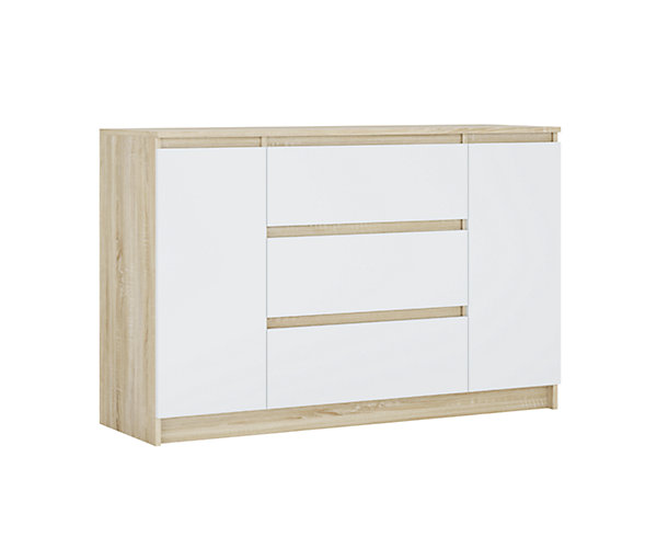 Commode, chêne sonoma, blanc mat, 120 x 39 x 78 cm, 2 portes, 3 tiroirs