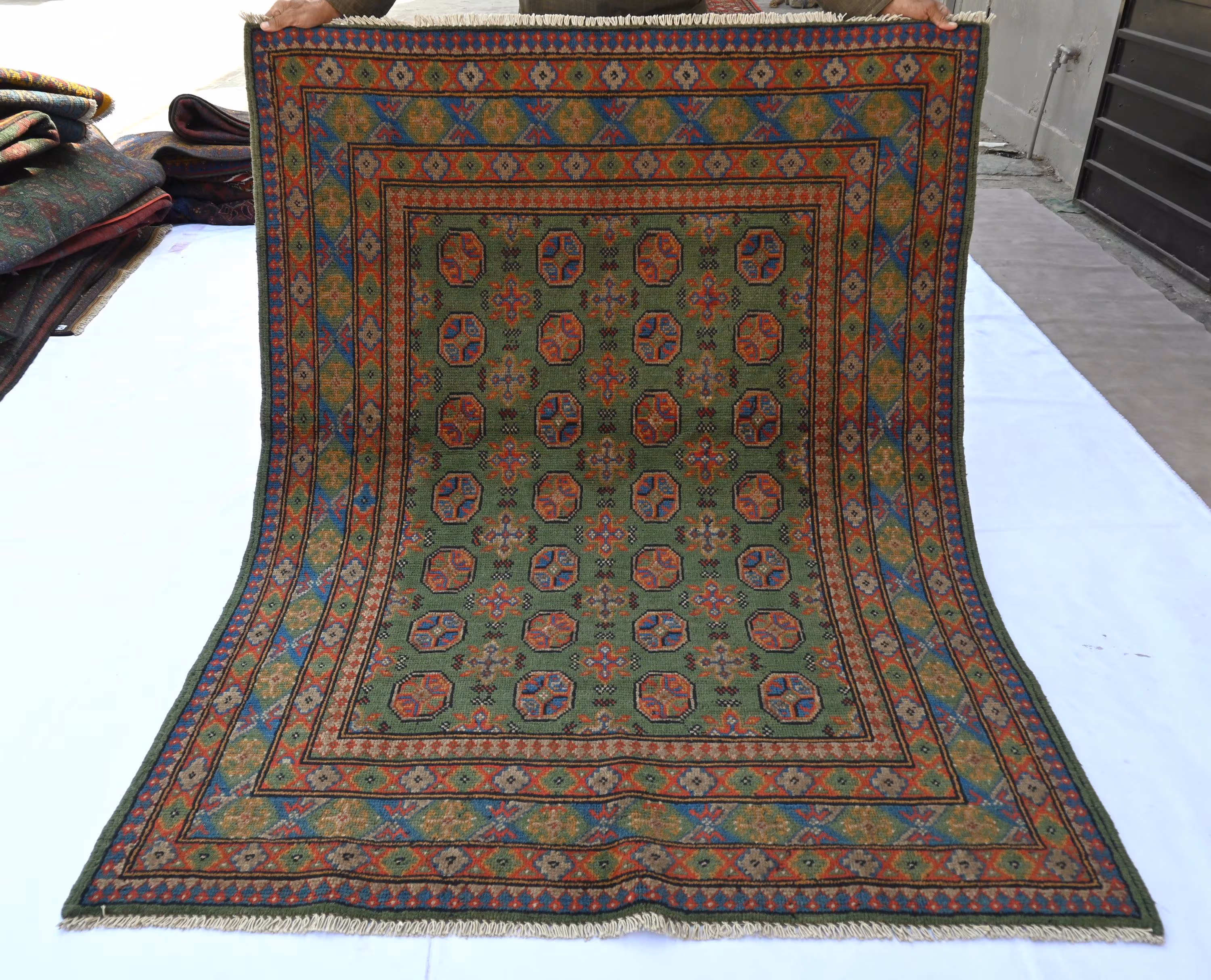 Vintage Green Turkmen Bokhara Rug – 5x6 Wool Mowri Area Rug