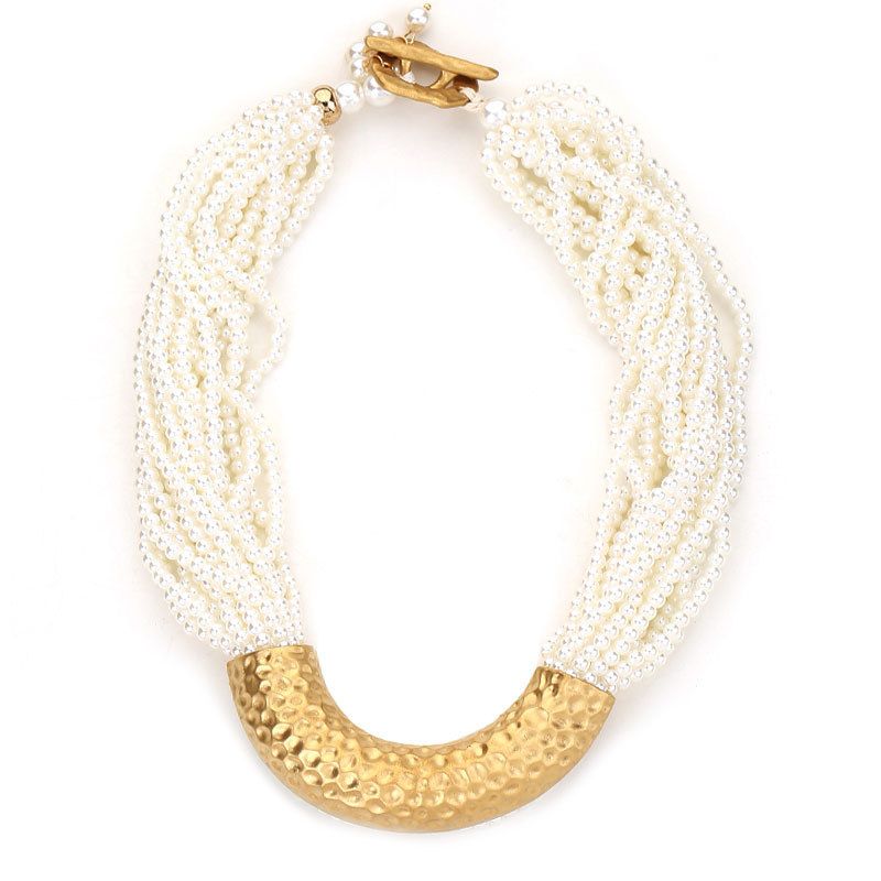 PEACH ACCESSORIES Perlies and Textured Gold Arc Necklace in Ivory