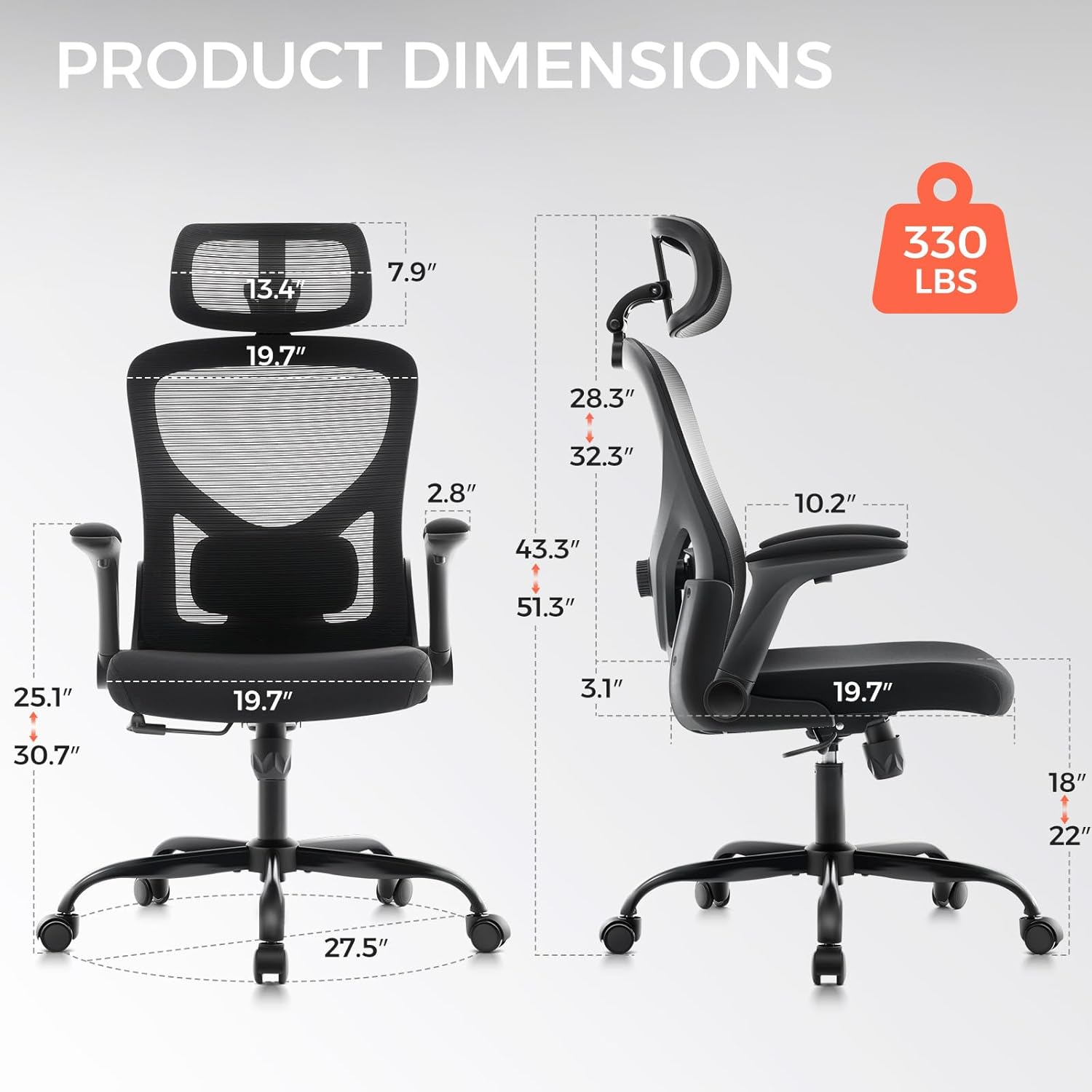 Office Chair,Ergonomic Office Desk Chair with 2D Adjustable Lumbar Support,3D Headrest,2D Arms,330LBS High Back Mesh Computer Home Office Chairs Rolling Tilting Swivel Executive Chairs Black