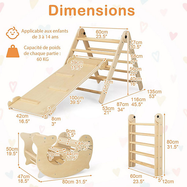 6 en 1 Toboggan Triangle escalade Montesorri Bois avec échelle Triangle Bascule Lion de Mer