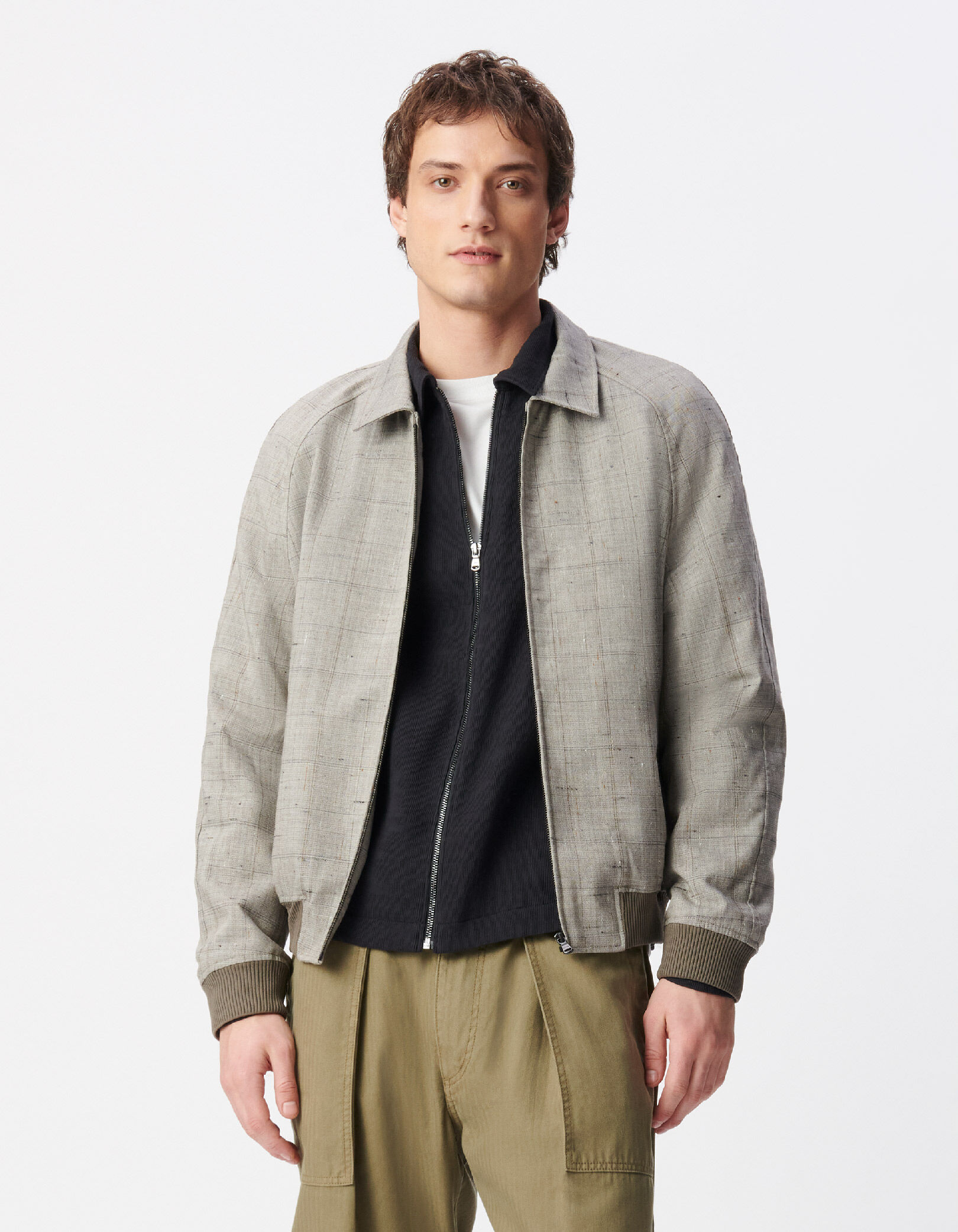 Bomber taupe zippé motif carreaux Homme