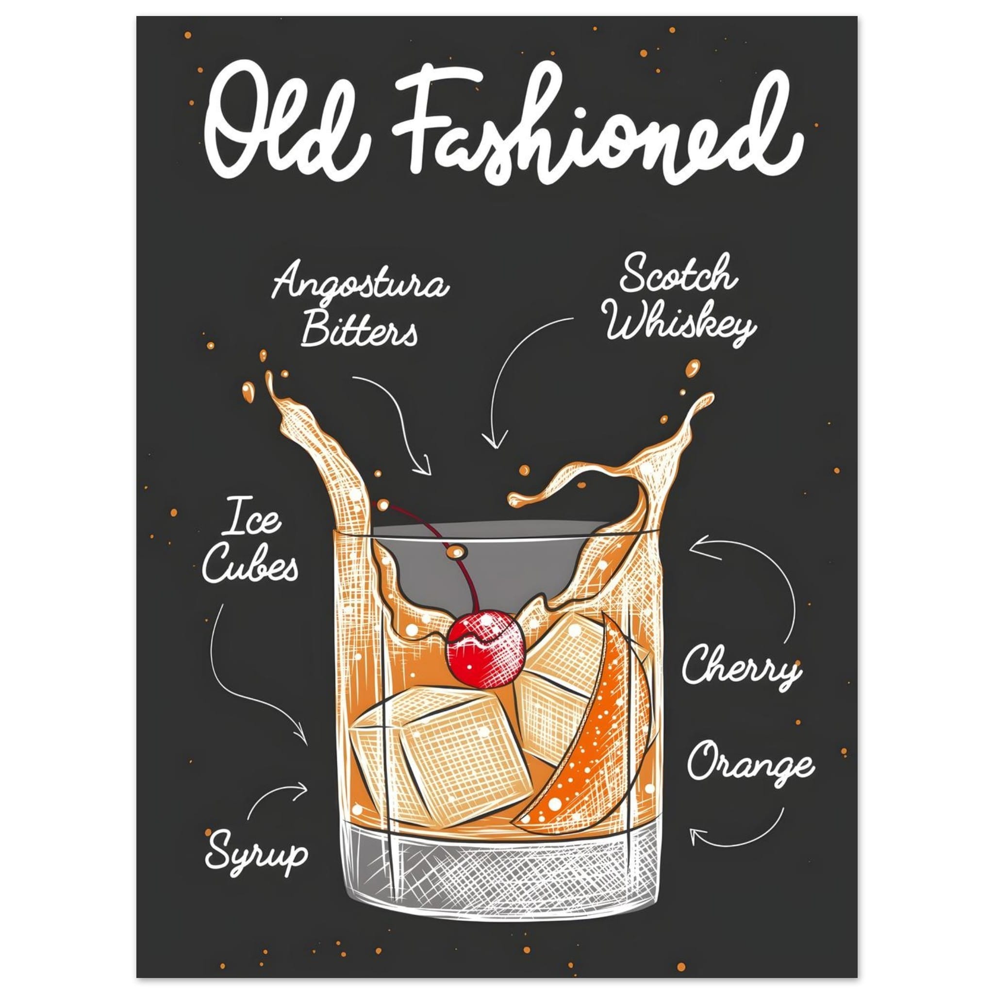 Artfulprints Old Fashioned cocktail II – Illustratie  poster 30x40 cm