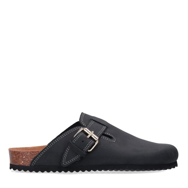 Zwarte leren clogs met gesp