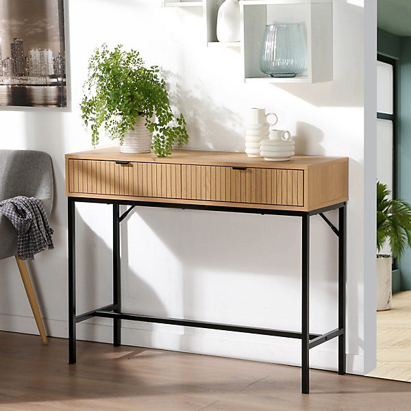 Console 2 Tiroirs Façade Effet Bois Rainuré L100 x H80 cm - TARA