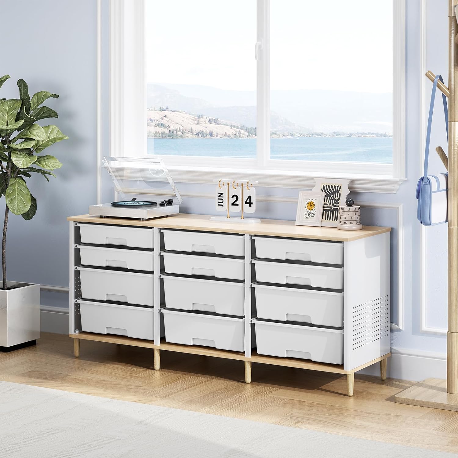 12 Drawers Storage Cabinet with Wooden Top and Plastic Bins, Toy Shelf Storage Chest Cubby Organizer for Home, Office, Playroom, Classroom & Craft Room Storage (White)