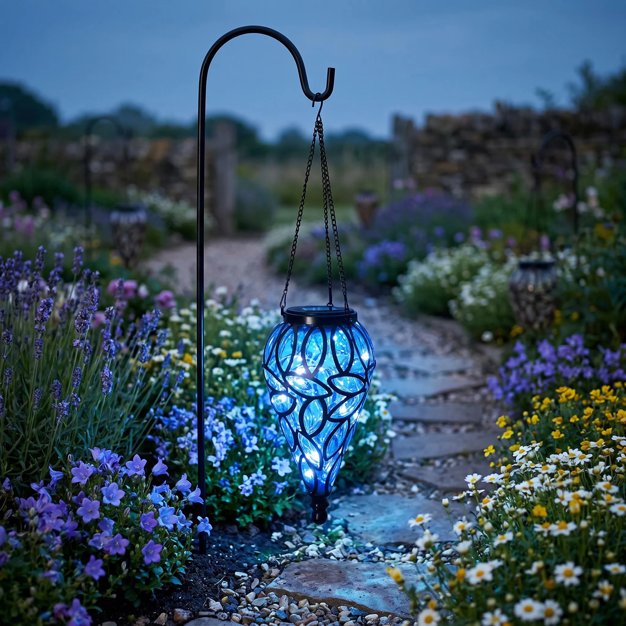 Hanging Solar Lantern,Outdoor Garden Decoration,Moroccan Style Blue Waterproof Light,Pathway Decor with Hook,Unique Garden Lovers Gift
