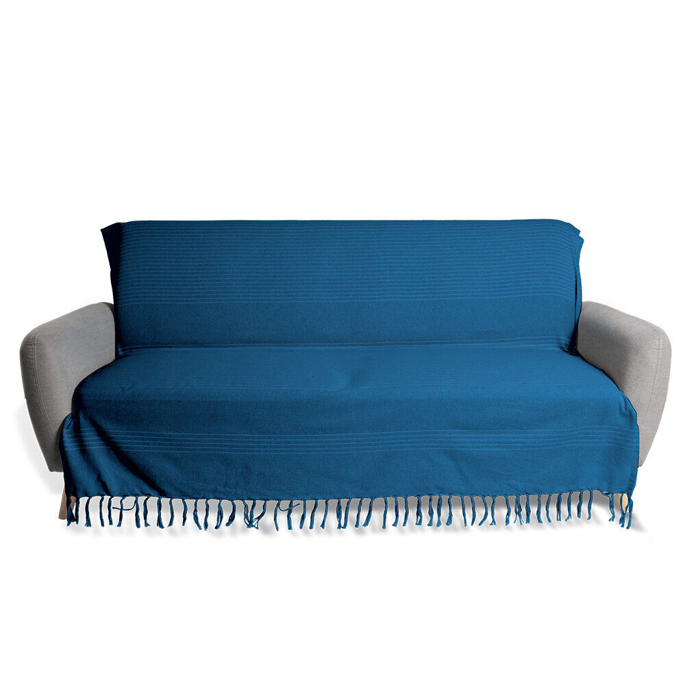Jeté de canapé 170x250cm à franges 100% coton bleu
