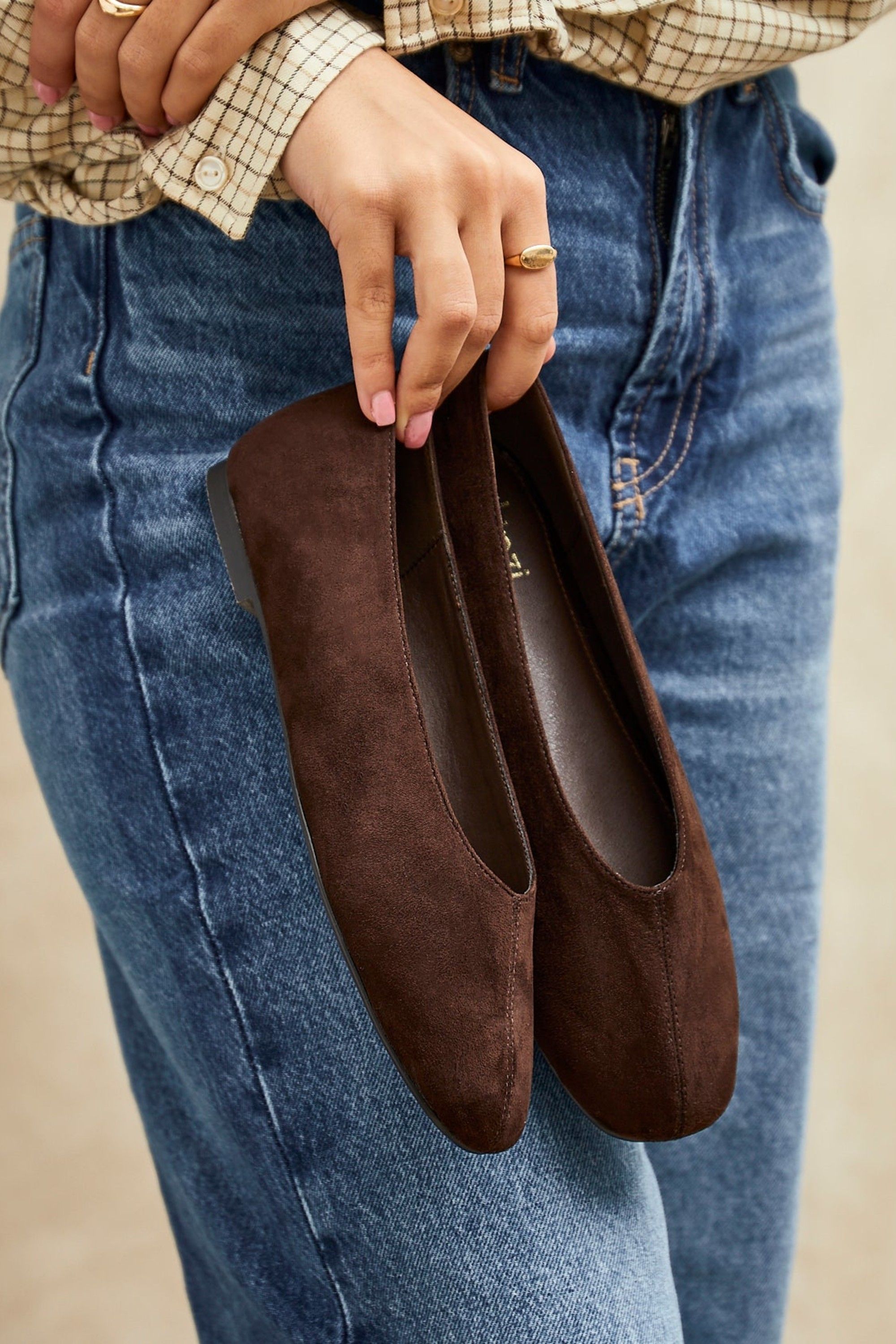 Linzi Structure Brown Faux Suede Square Toe Ballet Flats