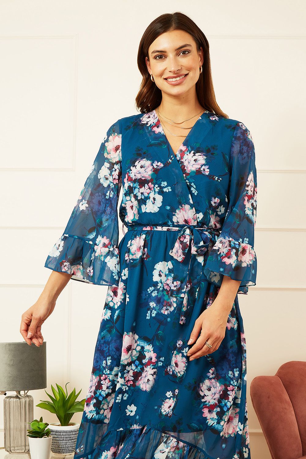 Yumi Teal Watercolour Floral Dip Hem Midi Dress