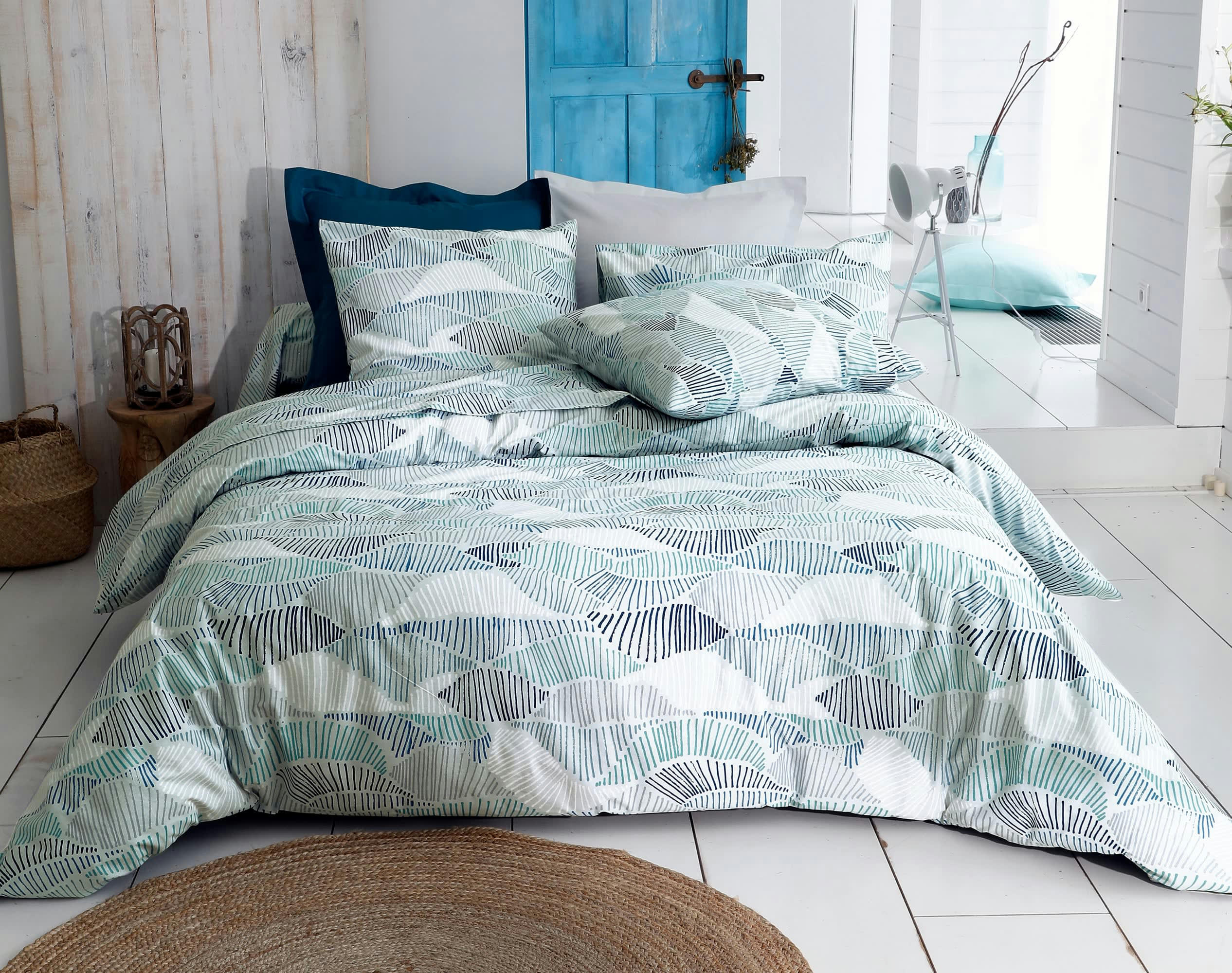 VAGUES - Drap-housse 140x190 en coton bleu