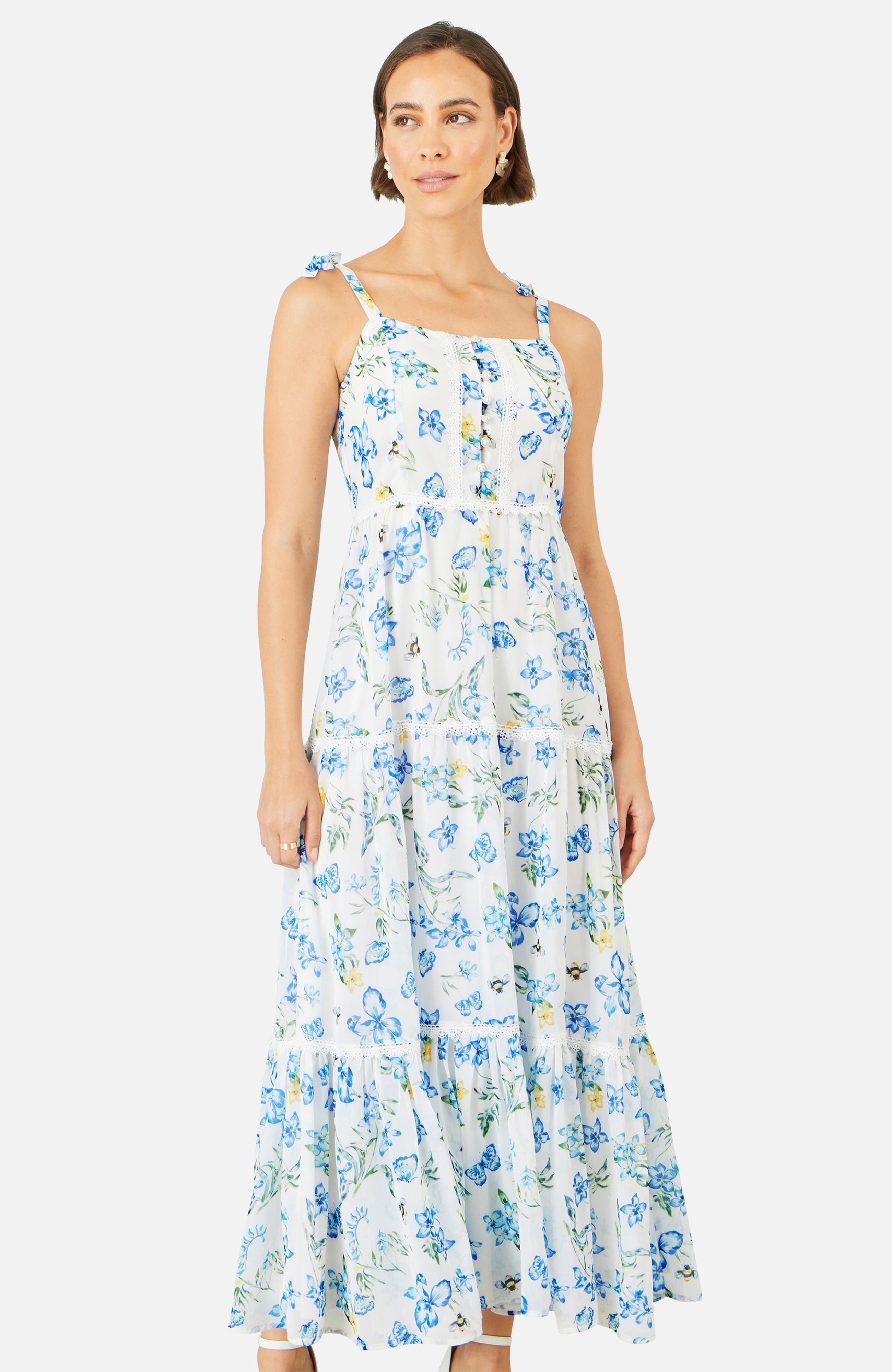 Yumi White Butterfly Print Lace Trim Maxi Dress