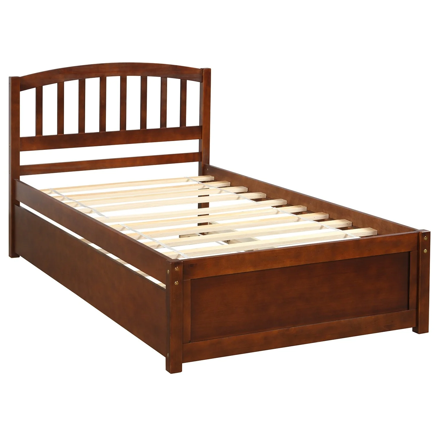 Twin Size Wood Platform Bed with Roll-Out Trundle, Sturdy Pine Frame and Slatted Support, Space,Saving Design