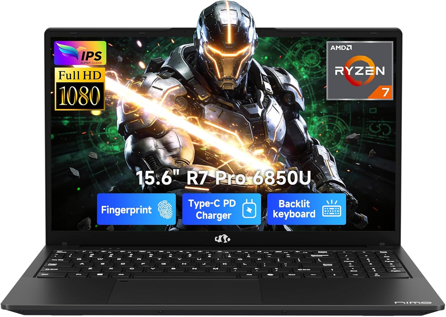 NIMO 15.6 Light-Gaming-Laptop  8 Cores AMD Ryzen 7 Pro 6850U 16GB LPDDR5 RAM 1TB SSD (Beat i7-1360P Up to 4.7GHz) AMD Radeon 680M GPU IPS FHD Computer with 100W Type-C Backlit Keyboard Fingerprint