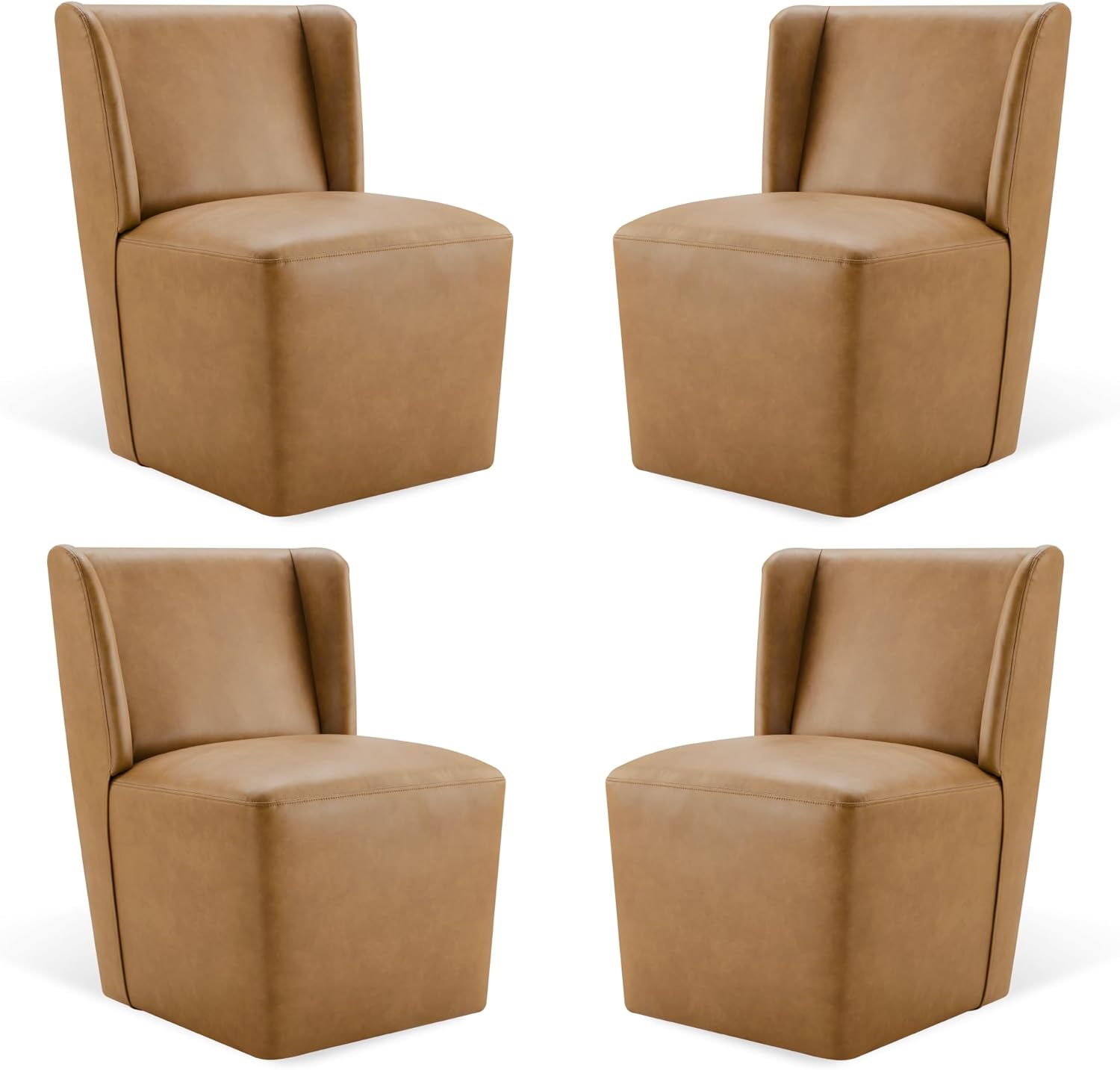 KISLOT Upholstered Dining Chairs Set of 4 with Casters, Wingback Modern Side Armless Deskchair with Rollers for Diningroom Bedroom Livingroom Reading Room, Brown Faux Leather