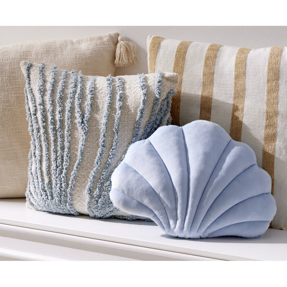 Coussin carré coton beige tufté bleu façon algues 40x40cm