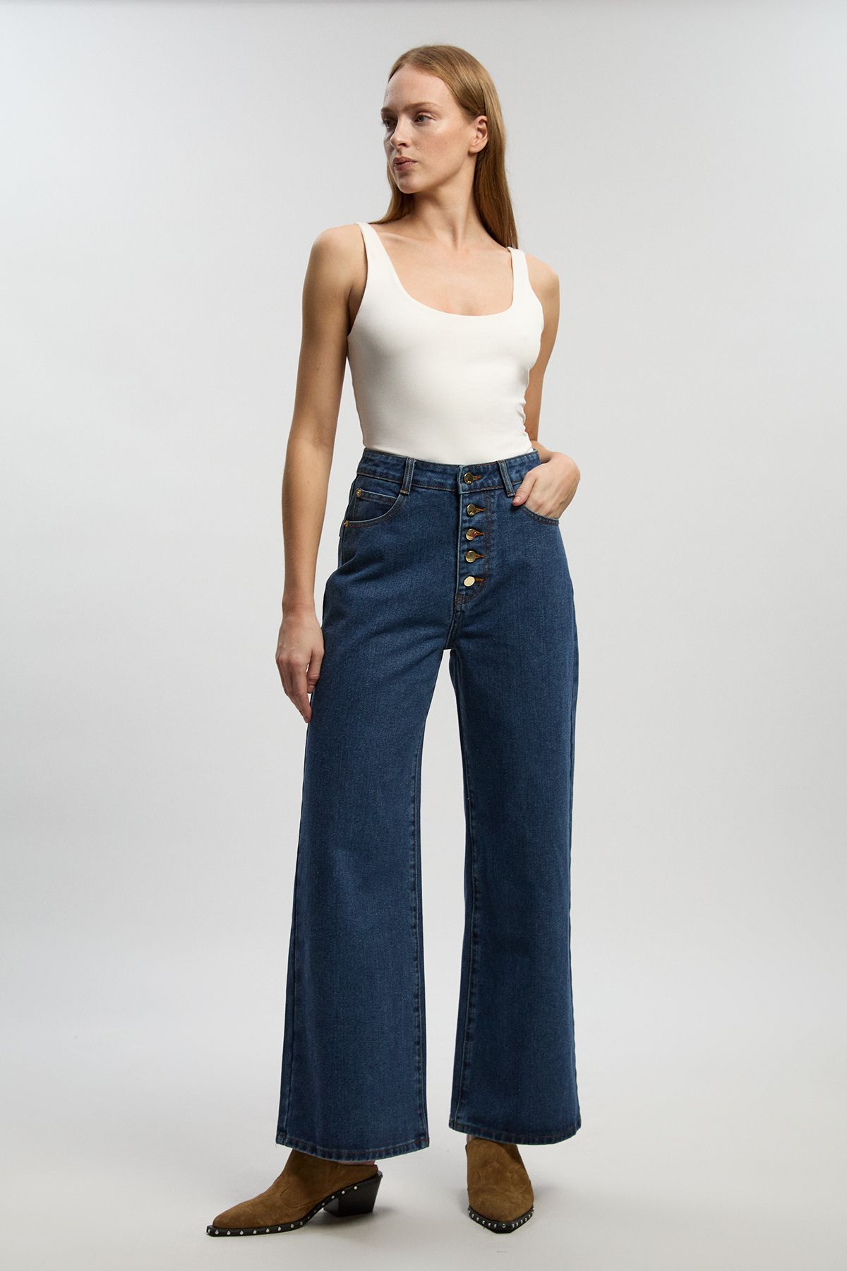 KarenMillen Denim Button Front Straight Leg Jean
