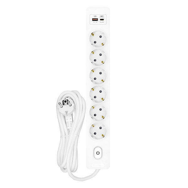 Multiprise SELDUR G6TH52B, 6 prises type F   interrupteur, USB A C charge rapide 20W, Blanc, câble 5m