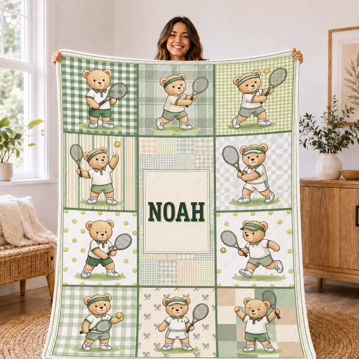 Tennis Bear Quilt Blanket, Green Gingham Sports Patchwork Throw, Preppy Racket Theme Bedroom Decor
