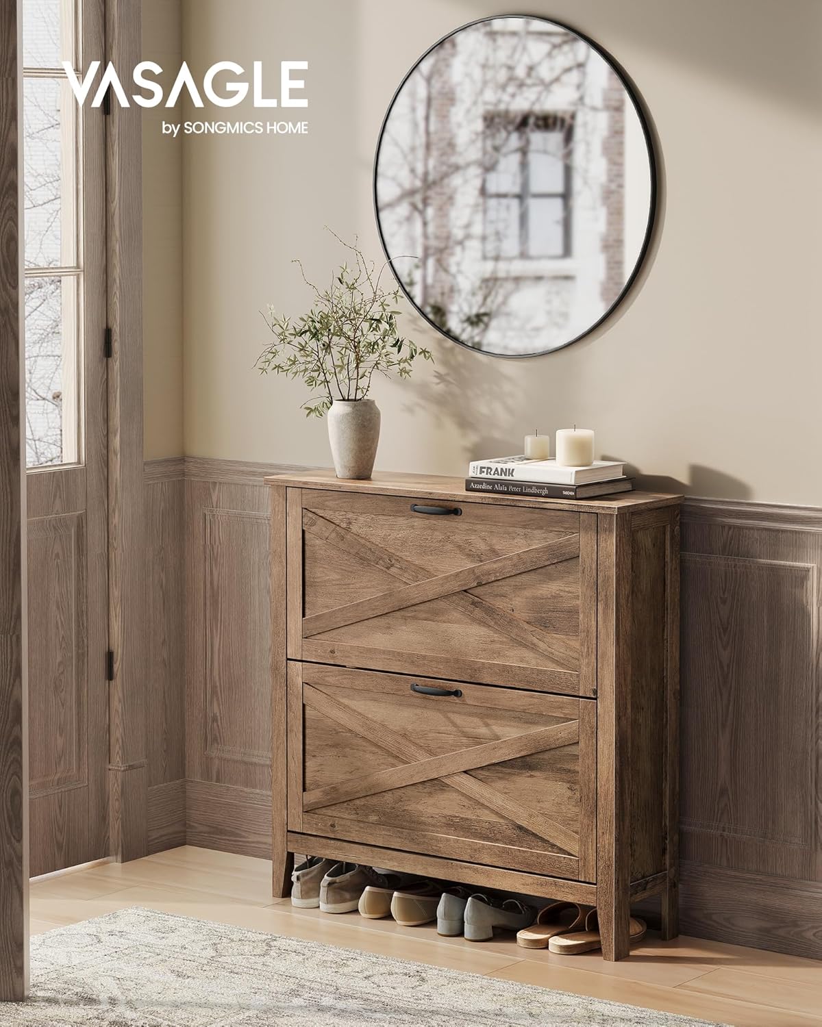 VASAGLE LIRY Collection - Shoe Storage Cabinet Organizer with 2 Flip Drawers, Freestanding Narrow Shoe Rack Cabinet for Entryway, Farmhouse Style, Fits 12 to 16 Pairs, Honey Brown UHSC201K01