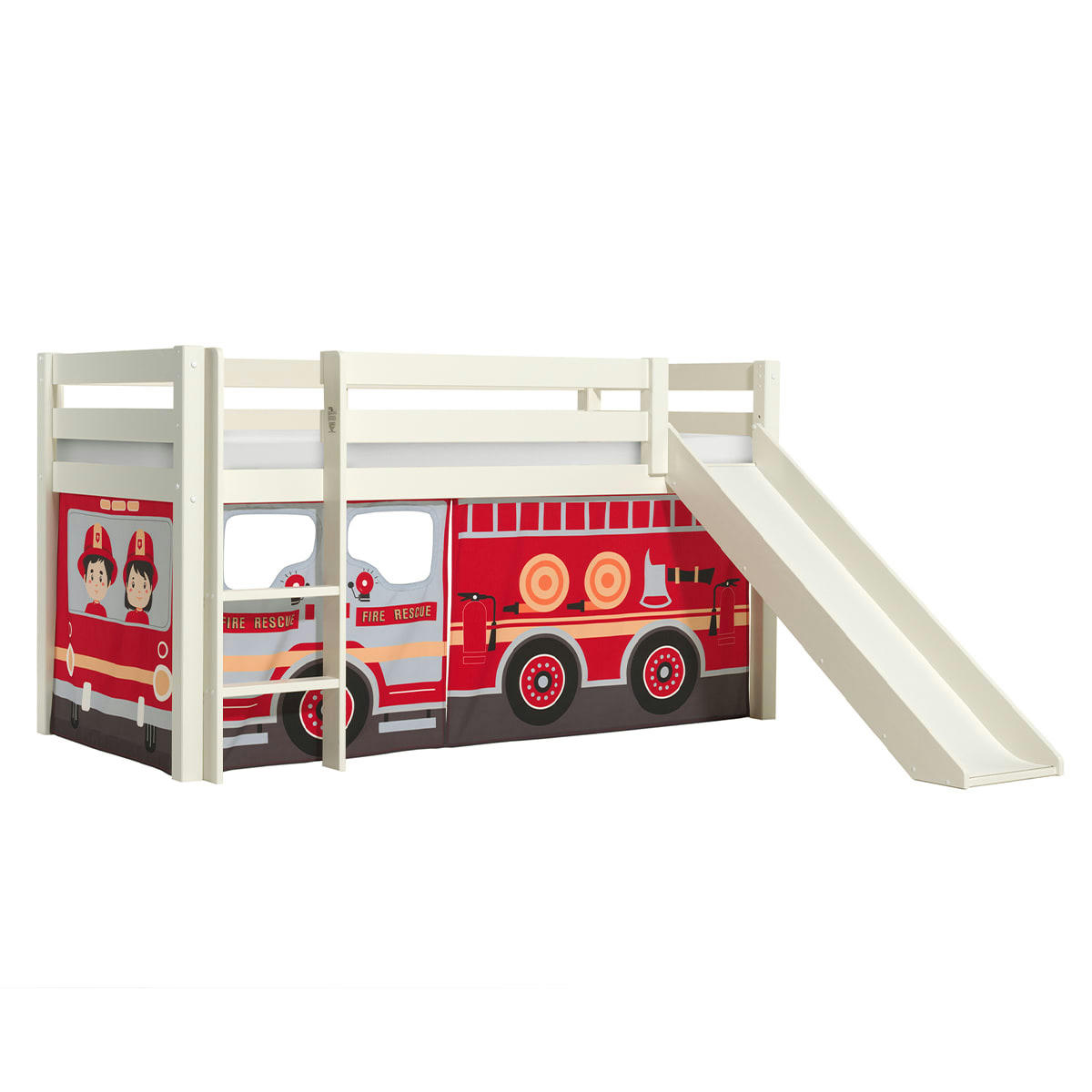 PINO - Lit mi-hauteur 90x200 toboggan sommier inclus housse pompier blanc