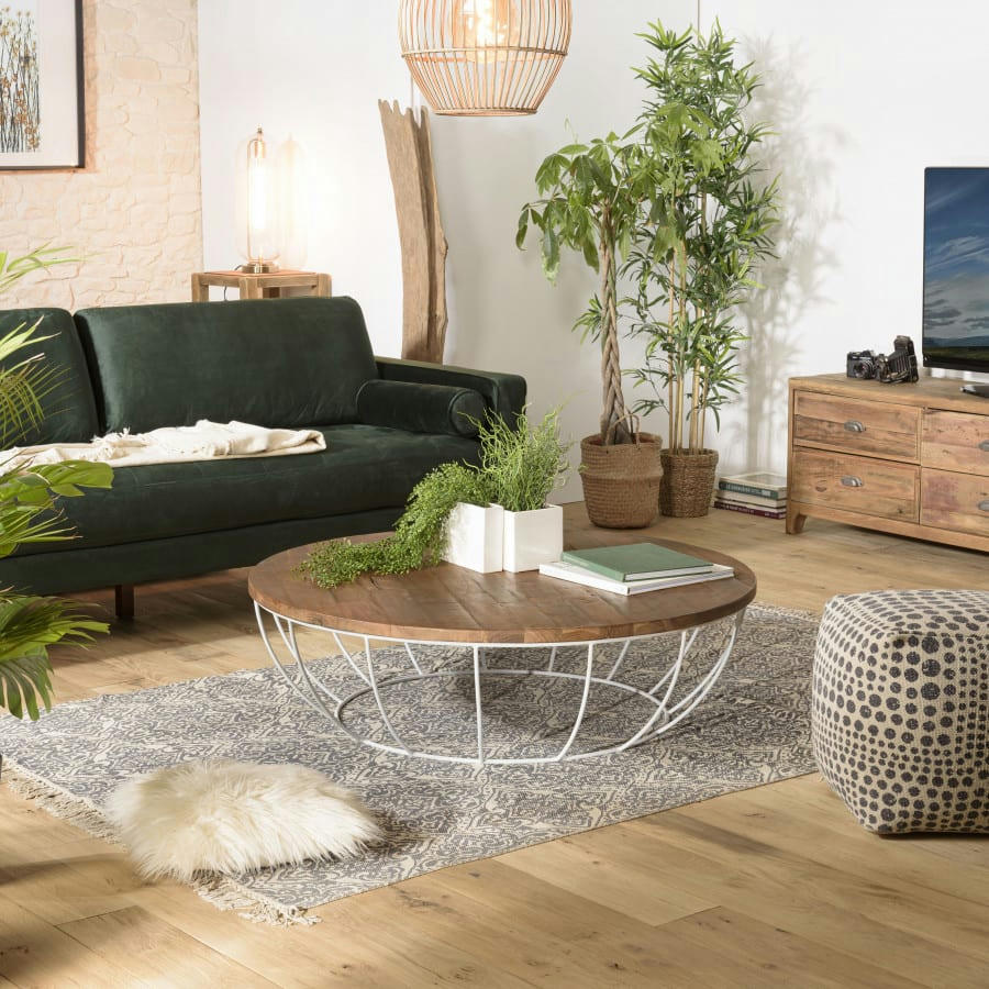 ALIDA - Table basse coque en teck recyclé métal blanc D120