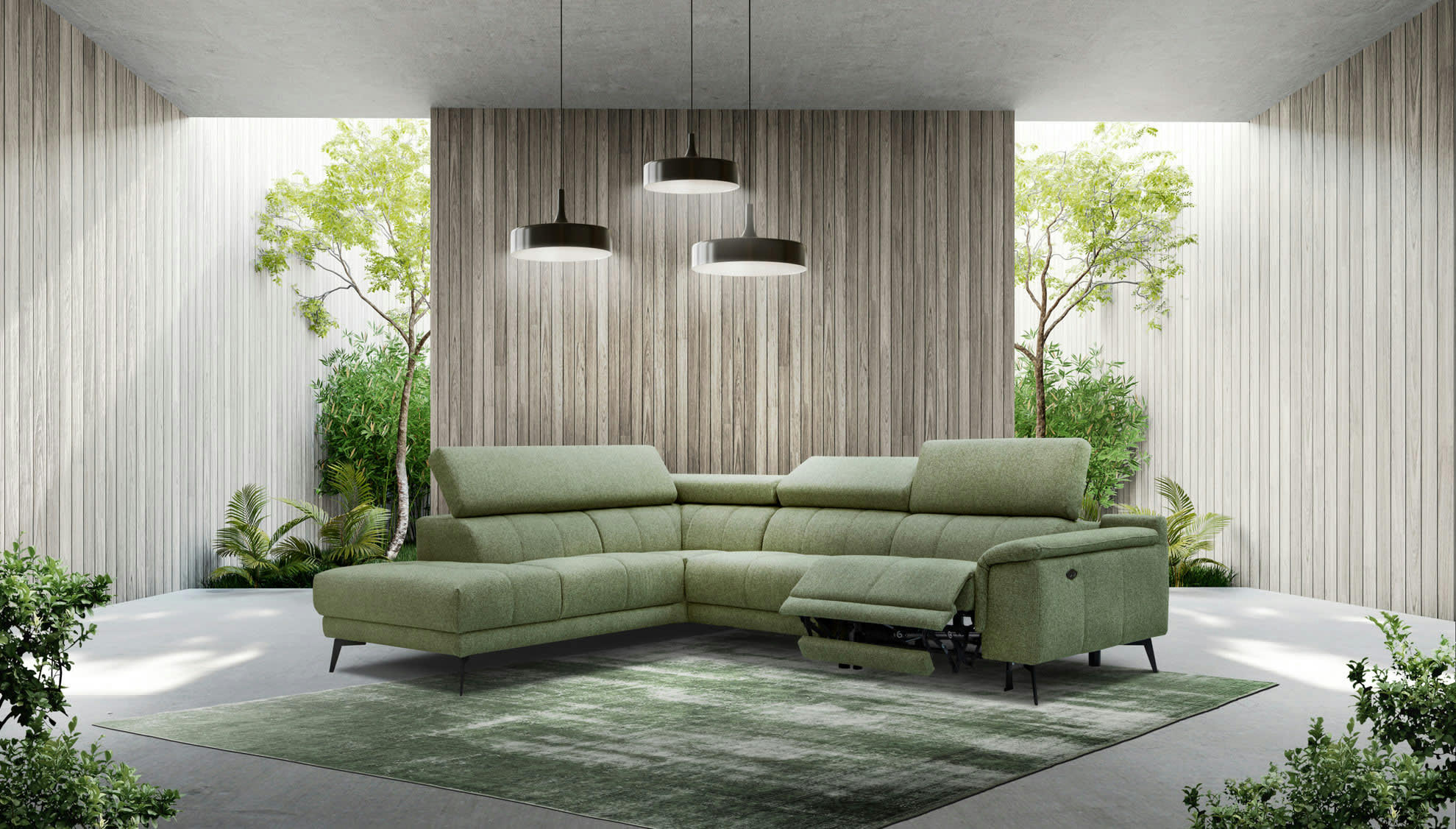 FIERO - Canapé d'angle gauche 5 places avec une relax électrique tissu vert
