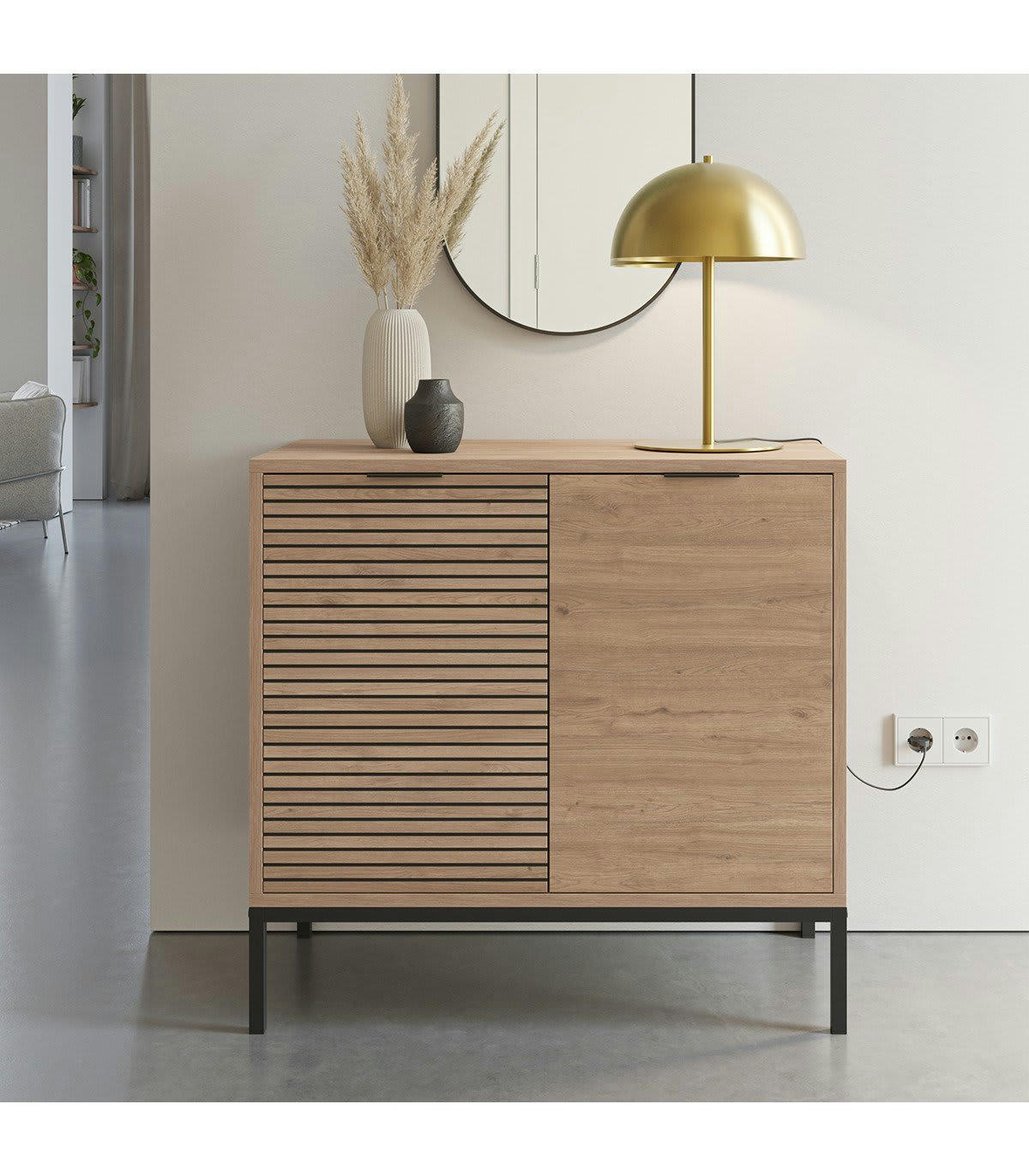 ARIEL - Petit buffet 2 portes dcor chêne, rainures noires - L80 cm