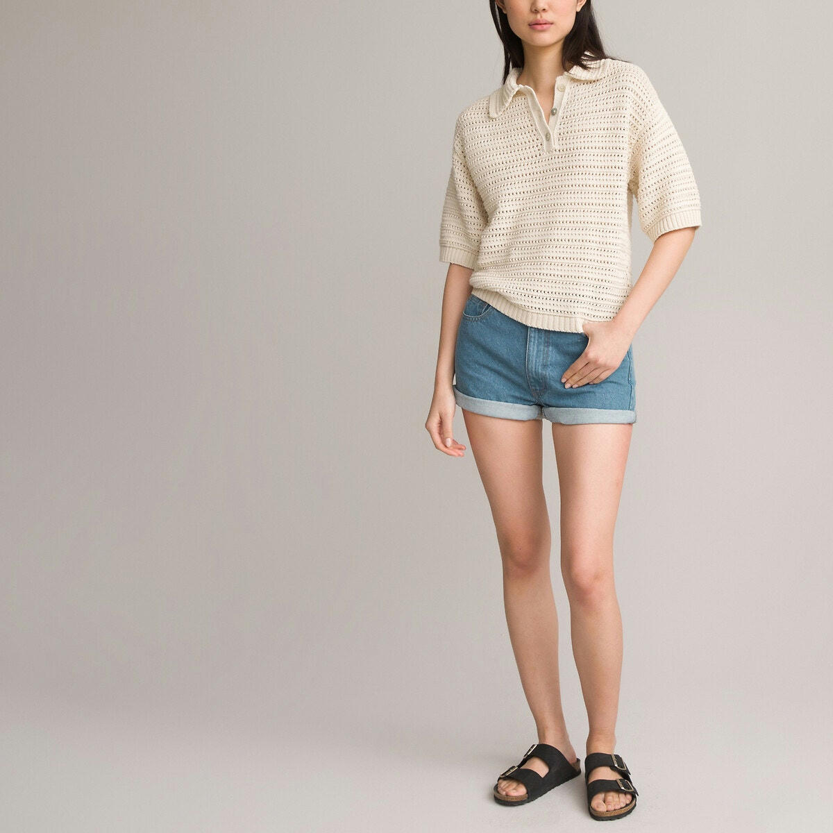 Pull col polo, en maille ajourée