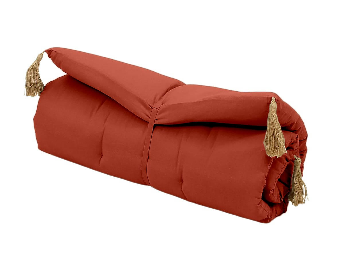 PANAMA - Futon repliable avec pompons en jute orange terre cuite
