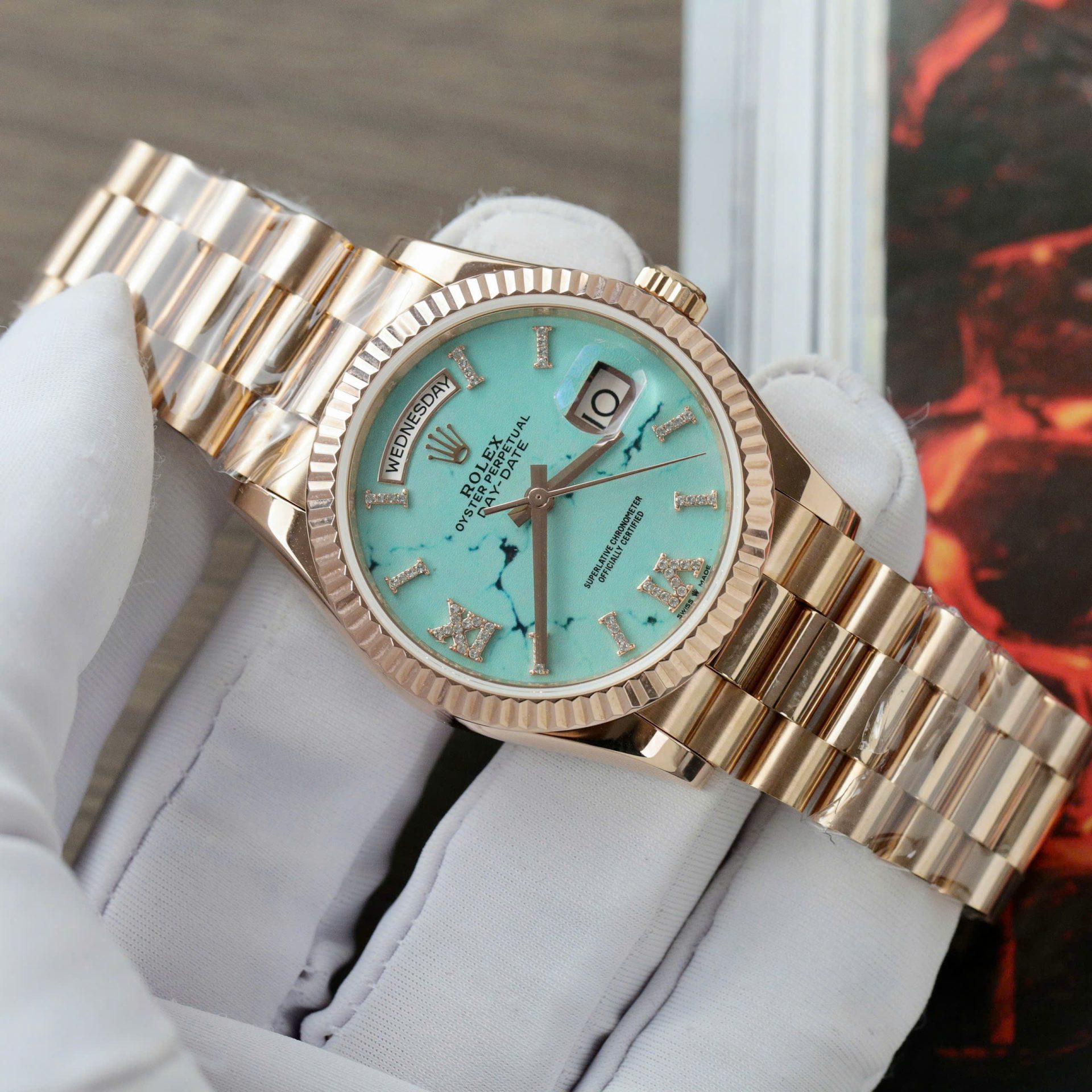 Rolex Day-Date 128238 RG Plated Turquoise Blue Dial CZ Diamonds 36mm Super Clone