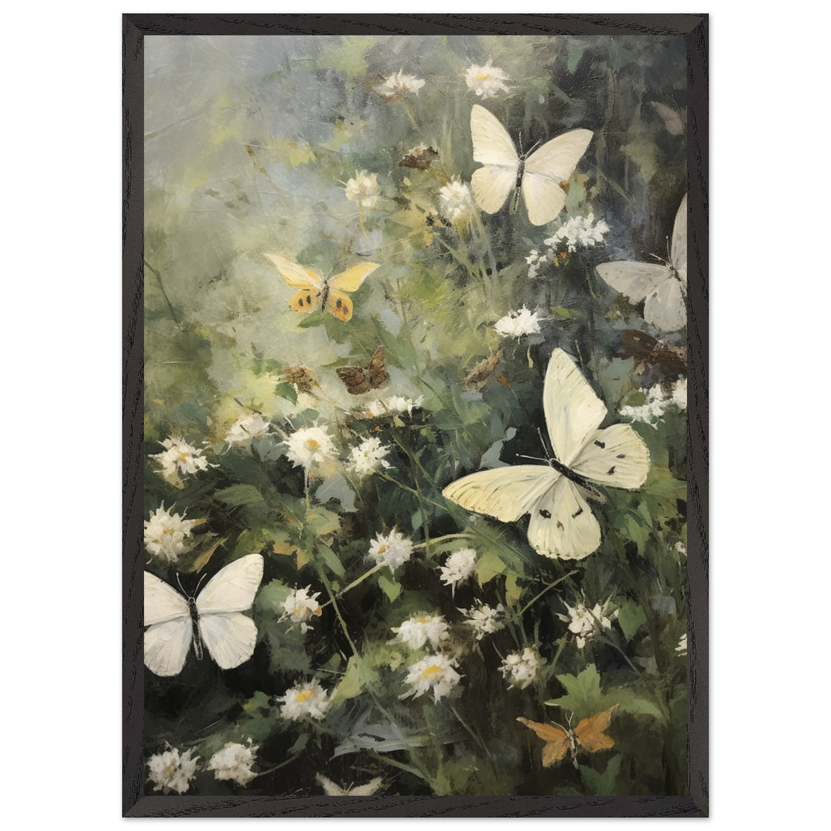 Artfulprints Poster met Lijst Butterflies in flowerfield  - 50x70 cm - Donkergroen
