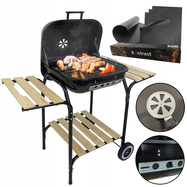 Grill ogrodowy węglowy przenośny z 3 półkami pokrywa   4 x mata BBQ 1013
