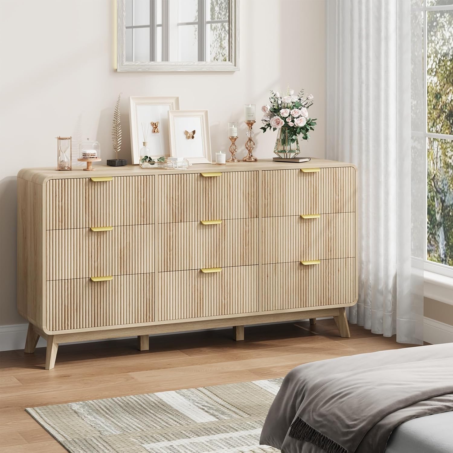 QUW Fluted 59.1 Wide Modern Dresser for Bedroom with 9 Drawers, Tall Chest of Drawers with Metal Handle, Wooden Dresser TV Stand, Hallway, Living Room, Natural Oak