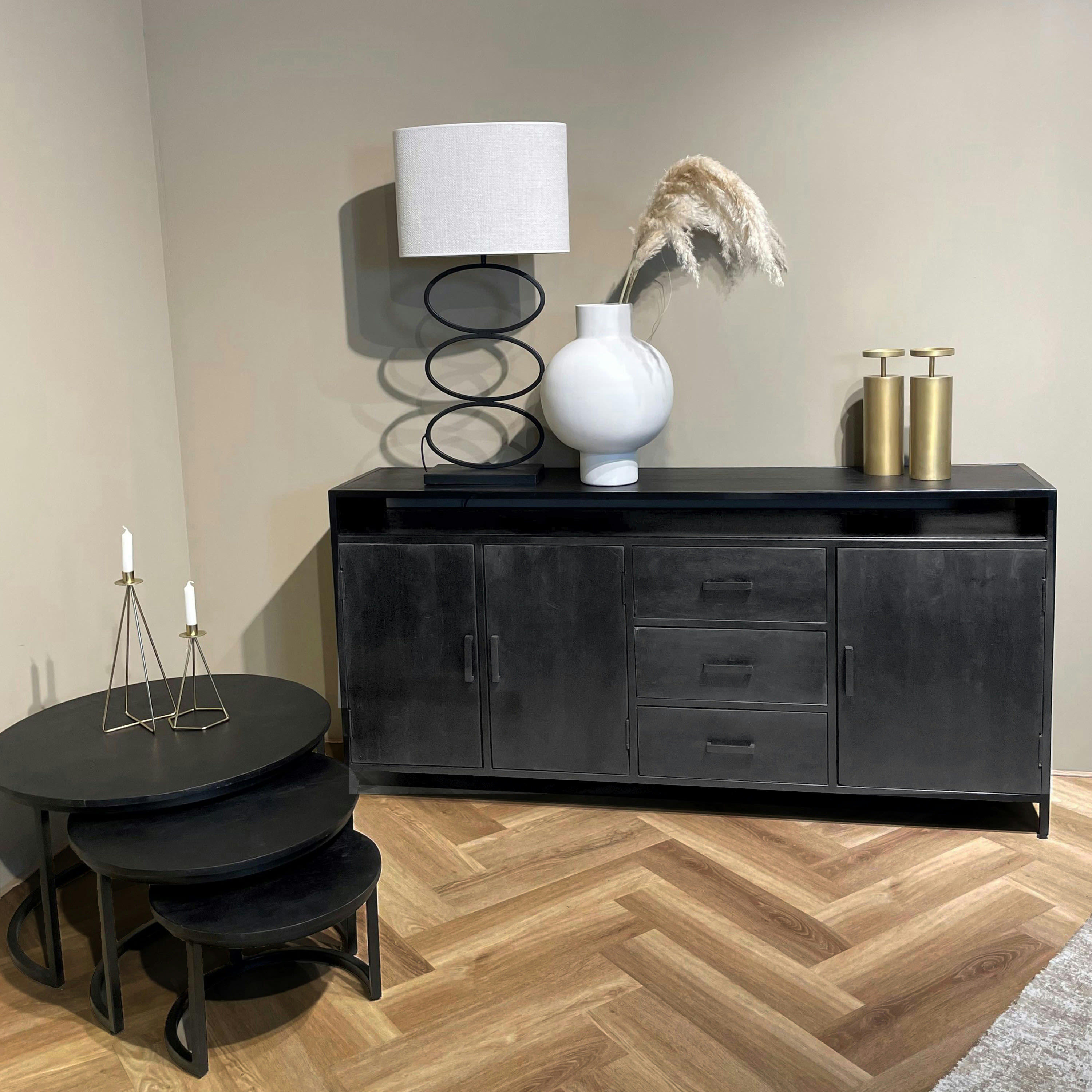 UZES - UZES-Bahut 3 portes 3 tiroirs L180 cm, Manguier massif noir et métal