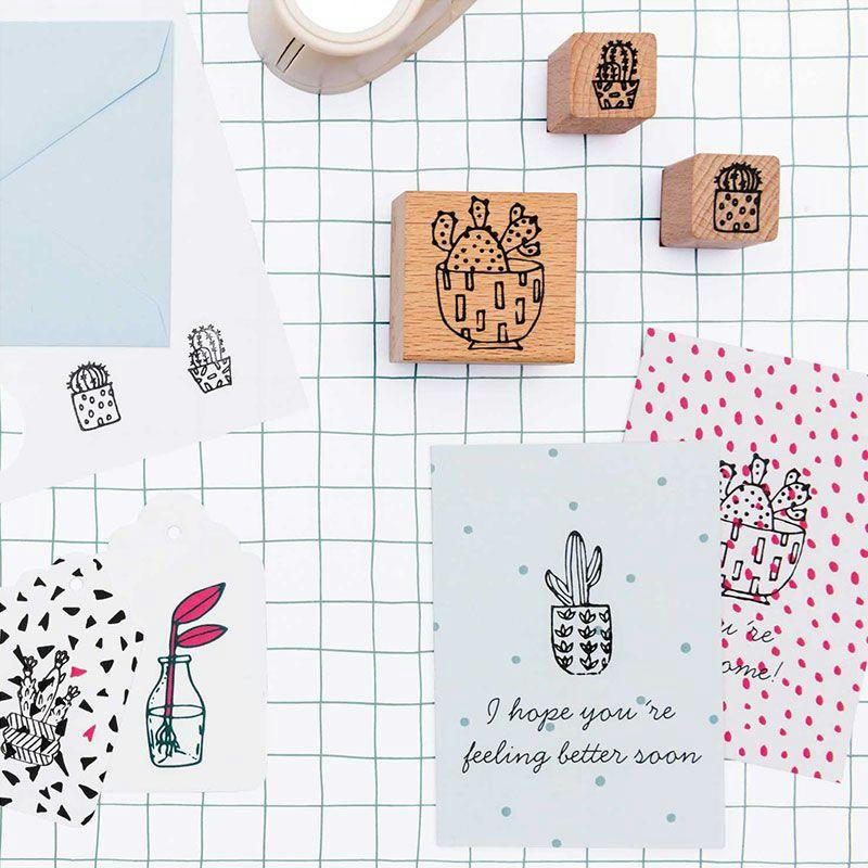 CACTUS - 6 tampons en bois avec encreur cactus