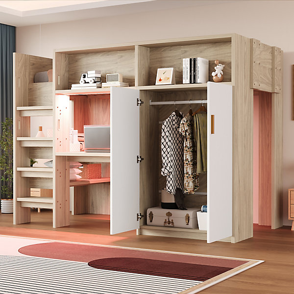 Lit Mezzanine 90x200 cm - Lit Ado avec Bureau et Armoire Intégrés, échelle et LED - Sommier Inclus - Sans Matelas - Bois Naturel