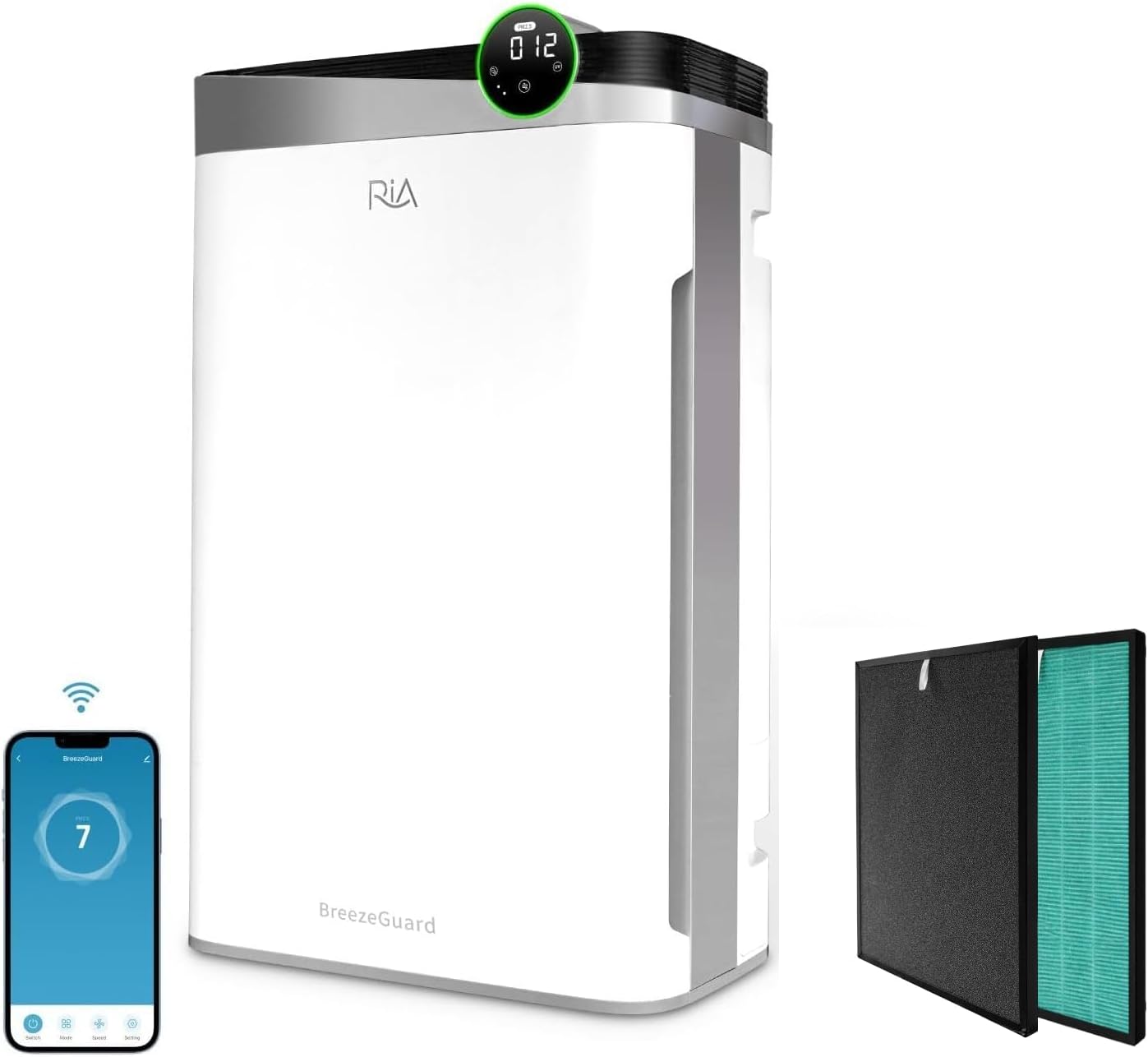RIA BreezeGuard HEPA Air Purifier for Home & Large Rooms up to 2500 Sq Ft – Smart Air Cleaner with Evaporative Humidifier, App Control, PM2.5 Sensor, for Pets, Allergies, Smoke & Dust