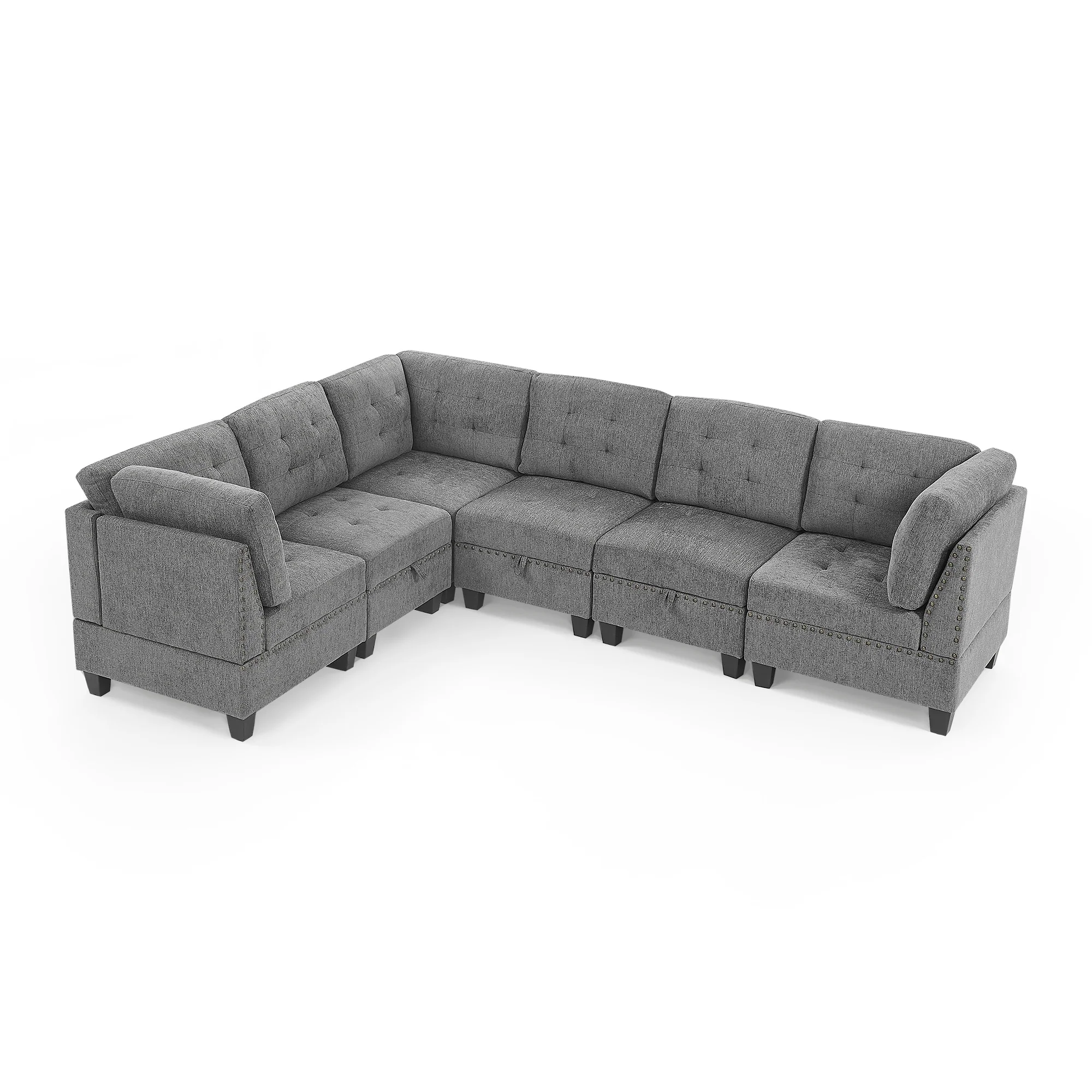 Grey 116'' L-Shaped Modular 6-Seat Sectional Sofa with Three Single Chairs, Three Corner Pieces, and Storage Features