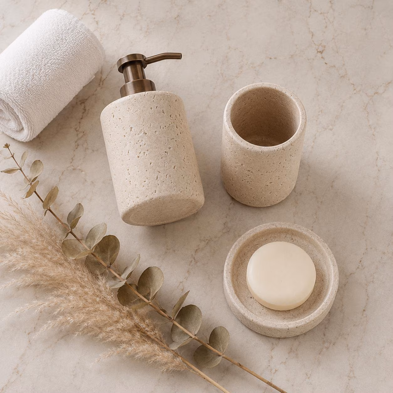 Beige Stone Bathroom Cup, Textured Toothbrush Makeup Brush Holder, Modern Farmhouse Gift