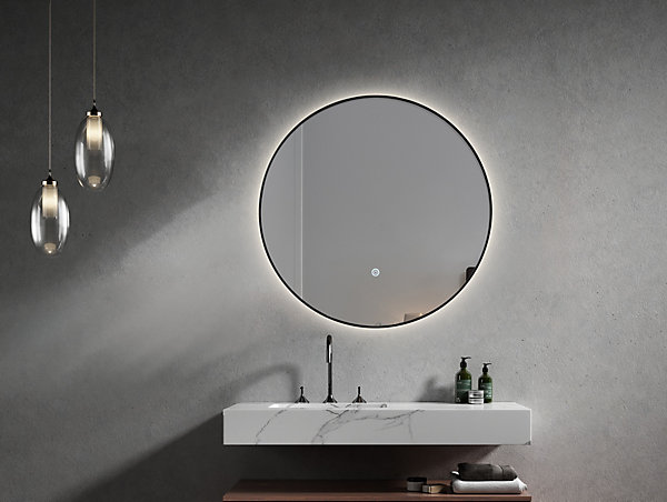 Miroir de salle de bain LED60cm rond à luminosité variable avec cadre en aluminium noir LuxuryBain