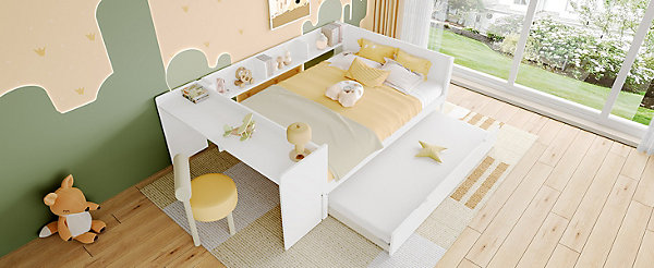 Lit Plat 140x200cm, Bureau, Lit Escamotable, 2 Tiroirs, Pin   Panneau, Blanc